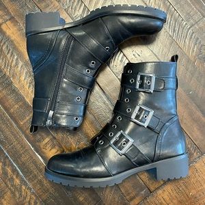 Black, moto, buckle boots.
